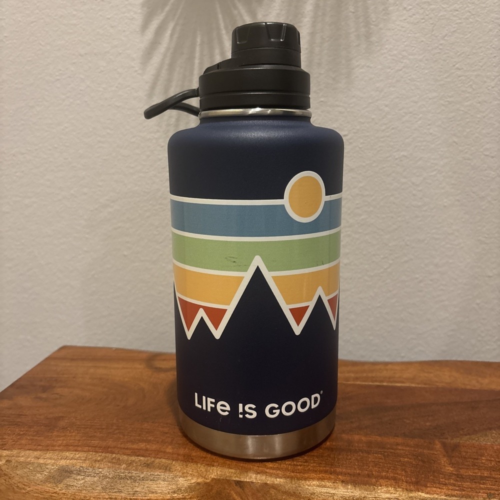 Life is Good 50 oz Stainless Steel Water Bottle Mountain Blue Color Bands NWOT